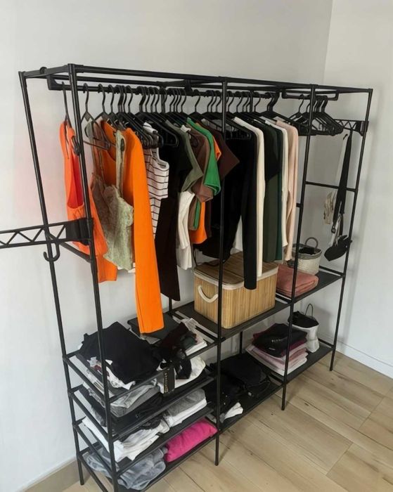 XXL Wieszak stojący 3 drążki + 8 półek organizer, szafa na ubrania pojemna