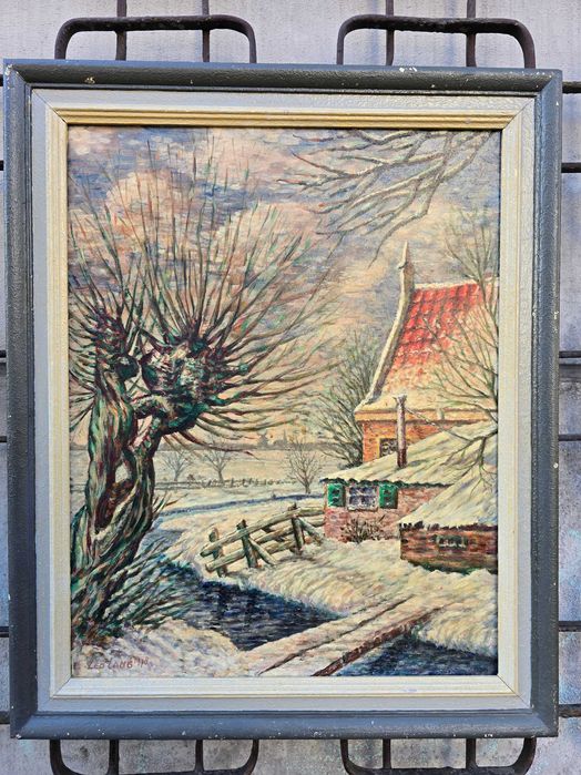 Stary obraz olejny  Leo Lang drzewa i domy