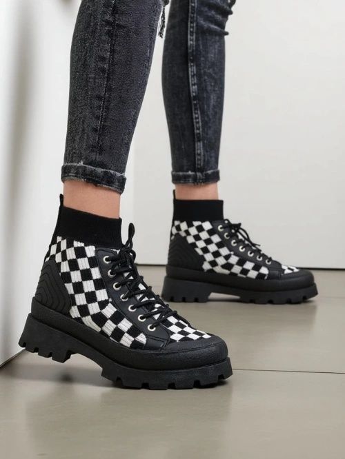 36 37 38 botki 39 40 41 z printem w kratkę w pepitke wiązane platforma