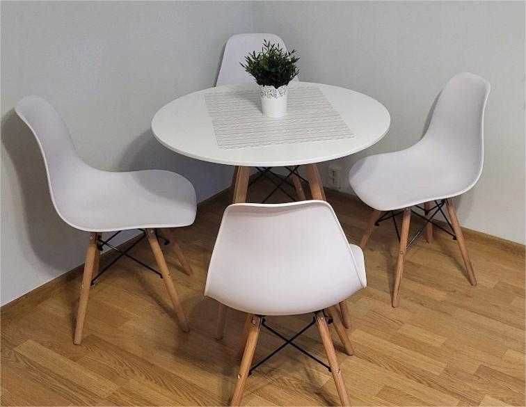 NOWY Stół z Krzesłami Okrągły Biały Do Jadalni Kuchni Salonu Drewniany