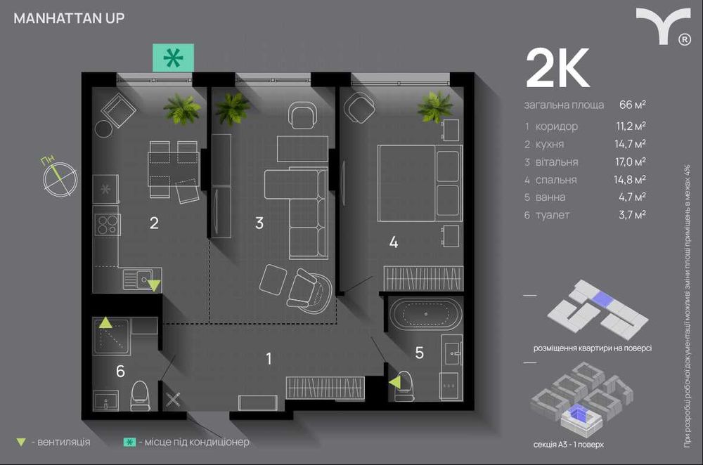 Простора 2-кімнатна квартира 66 м² у сучасному ЖК Manhattan UP