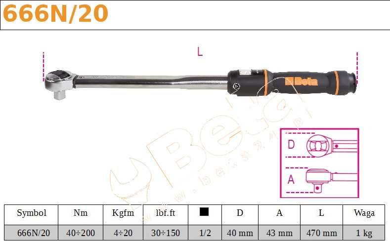 BETA 666N/20 profesjonalny nowy klucz dynamometryczny 40-200 Nm