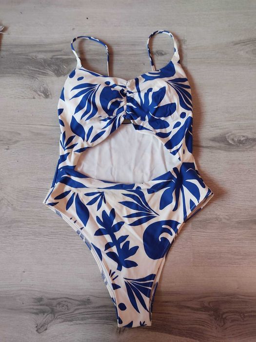 Strój kąpielowy niebieski biały wzór liście