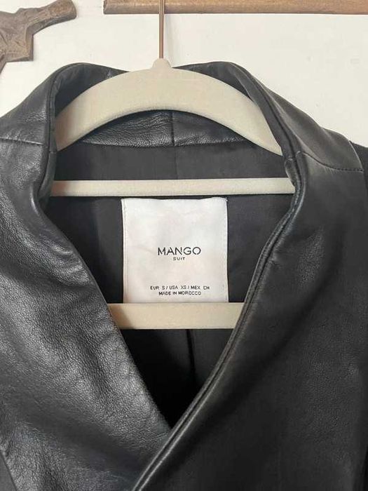 Płaszcz wełniany skórzane wstawki mango czarny