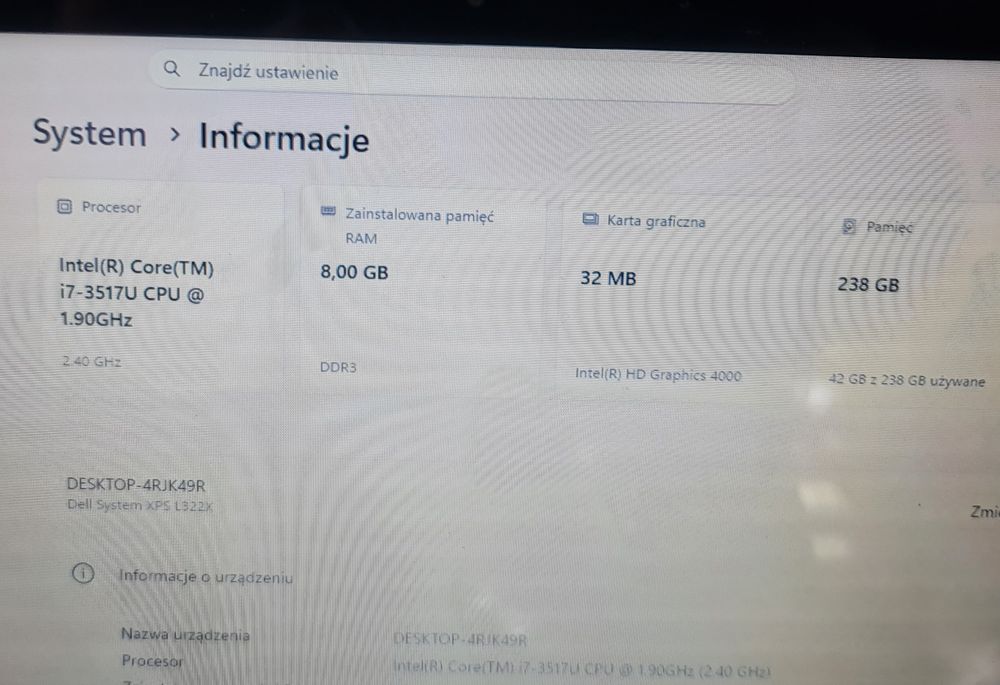 Dell XPS, Intel i7, 8GB ram, 256 SSD m.2, 13.3 cala, slim