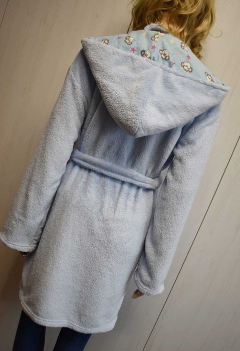 Szlafrok S M 36 polarowy pluszowy ciepły z kapturem do kolan polar