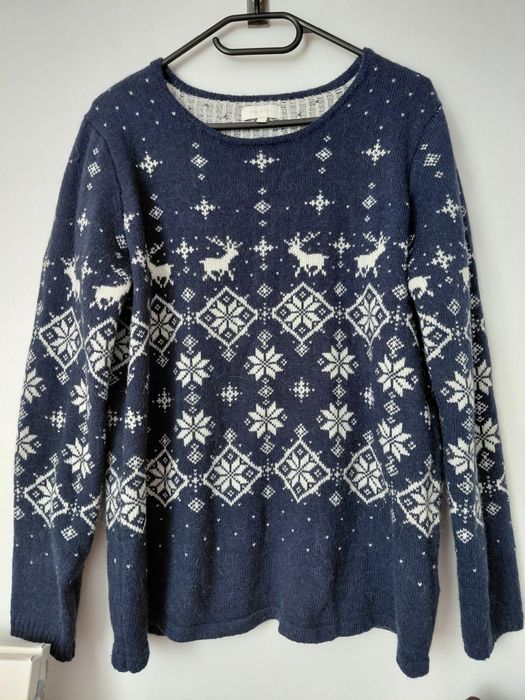 Ciepły granatowy sweter Va Vite L norweski scandi renifery wełna alpaka Winter cozy
