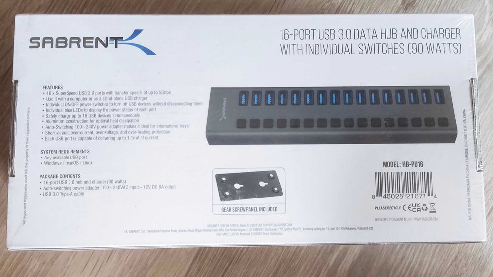 Sabrent 16port hub USB 3.0 90W - NOWY -