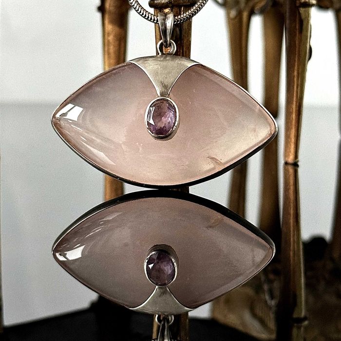 Srebrny naszyjnik z Różowym Kwarcem i Ametystem ok. 1970r. próby 925