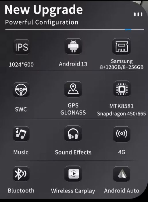 8+128GB, Android 12, CarPlay+Android auto, 1920*720, 8 core, 9", 4G LT