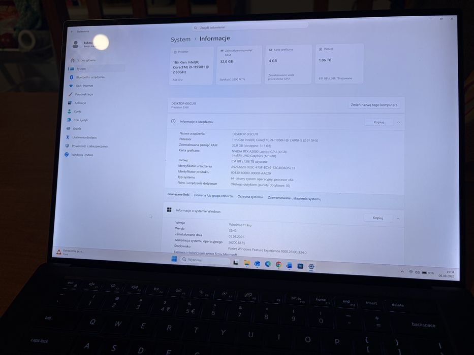 Dell Precision 5560 i9 11950H, RTX A2000 4GB, 32GB, 2TB, 4K+ dotyk, świetny stan