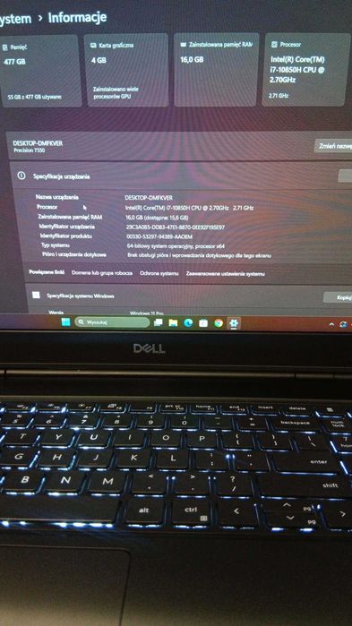 Stacja Robocza Dell 7550 I7 10850H/16gb/500SSD/Nvidia/15.6IPS/Win11