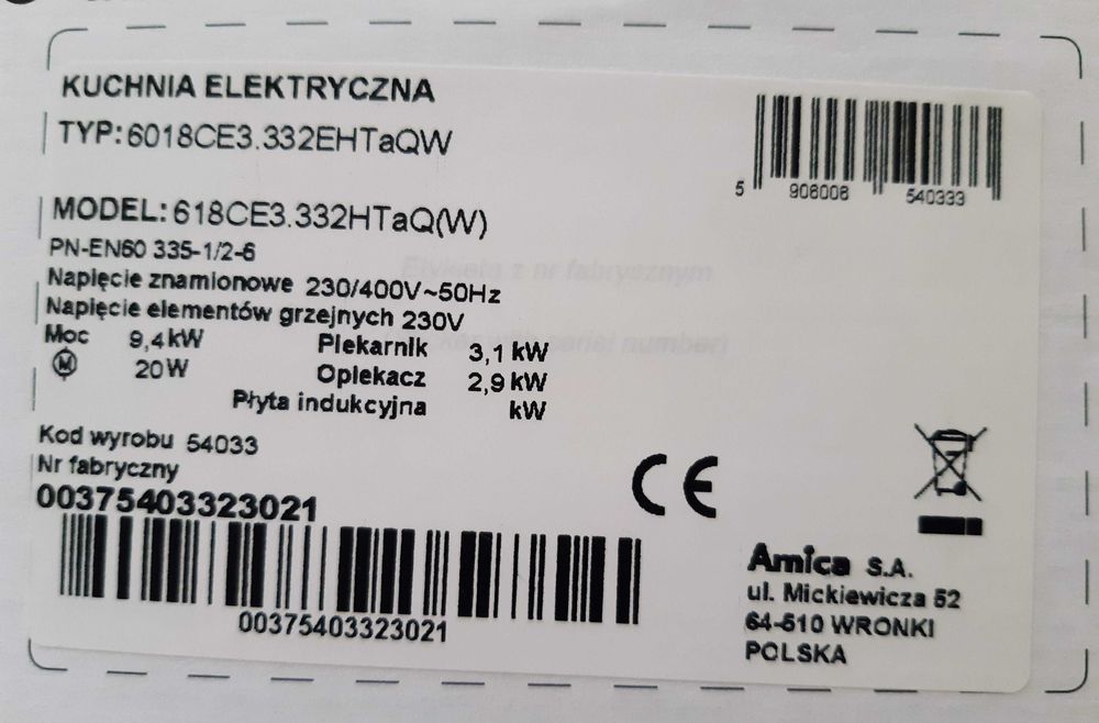 Kuchnia elektryczna Amica - klasa energetyczna A
