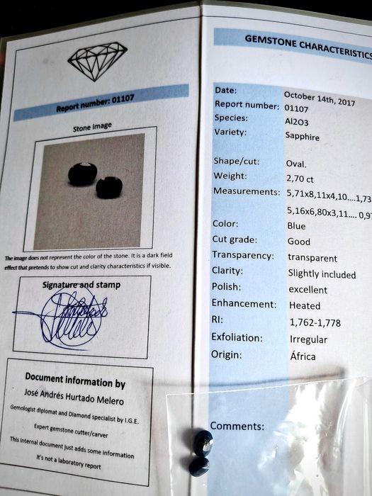 Safiras 1.73ct+0.97ct com certificador da IGE