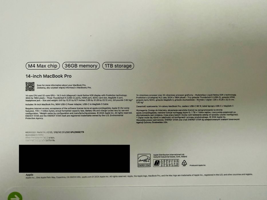 APPLE MacBook Pro 2024 14" M4 Max 36GB RAM 1TB. Gwiezdna czerń.