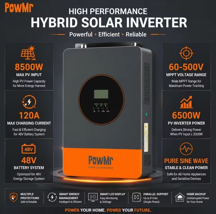 PowMr 6.5квт 48в гібридний інвертор акумулятор сонячна панель паралель