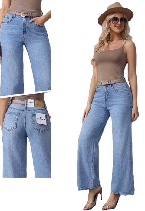 Jeansy M.SARA szwedy wide leg niebieskie damskie lekkie z paskiem XL 42