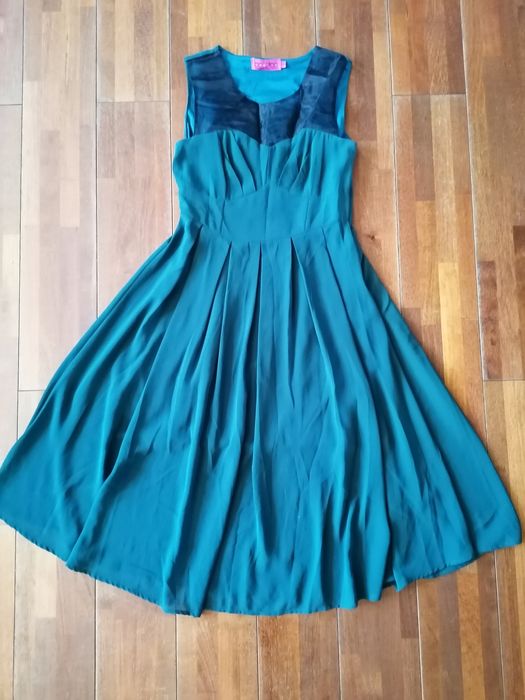 Rozm. S, Sukienka koktajlowa wieczorowa w kolorze butelkowej zieleni