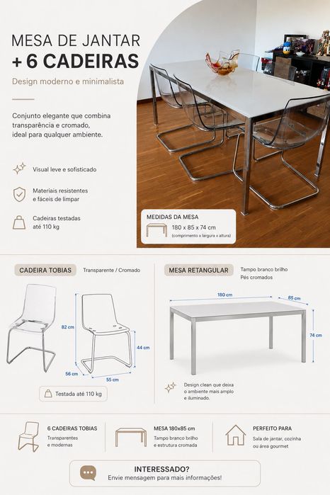 Mesa de jantar com 6 cadeiras 180x85