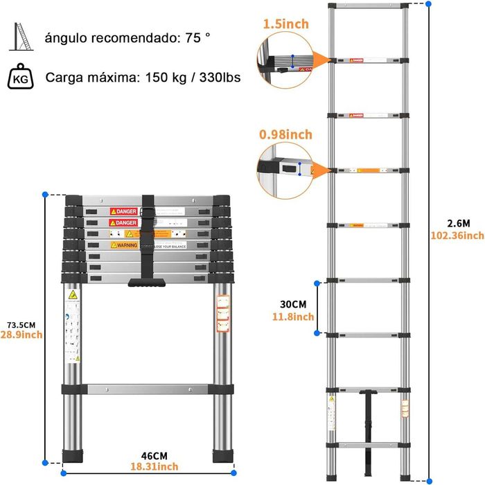 Escada telescópica 2,6 metros aço inoxidável - NOVO - ENVIO GRÁTIS