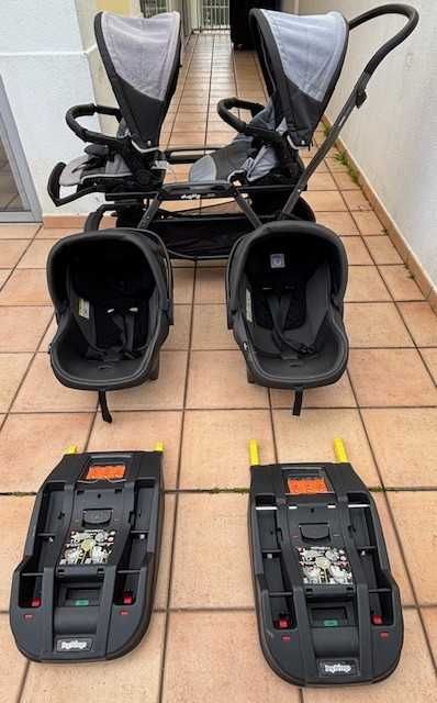 Carrinho de Gémeos Peg Perego + 2 Ovos + 2 Bases ISOFIX + Forras Ovos