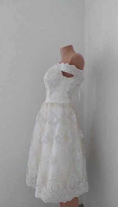 Винтажное свадебное платье миди в стиле 50х пин-ап кремовое капучино S