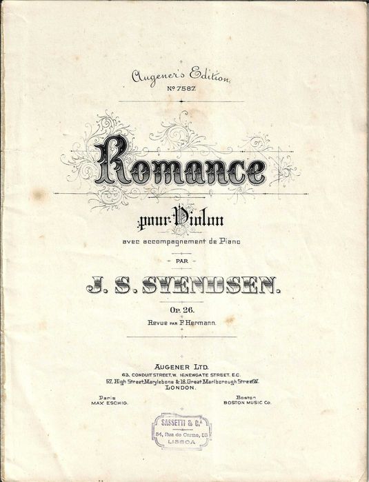 SVENDSEN - Romance op.26 para Violino e Piano - Partitura Histórica - Edição Augener's - Carimbo Sassetti