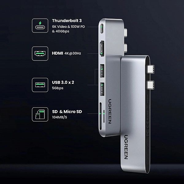 HUB Ugreen CM380/2xUSB C - HDMI/2xUSB 3.0/SDTF/USB C PD - szary