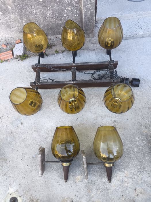 Conjunto Iluminação Rústica Vintage – Teto e Parede (Vidro Âmbar)