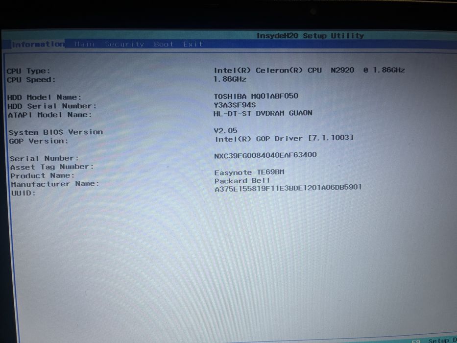 Laptop Packard Bell easy note.