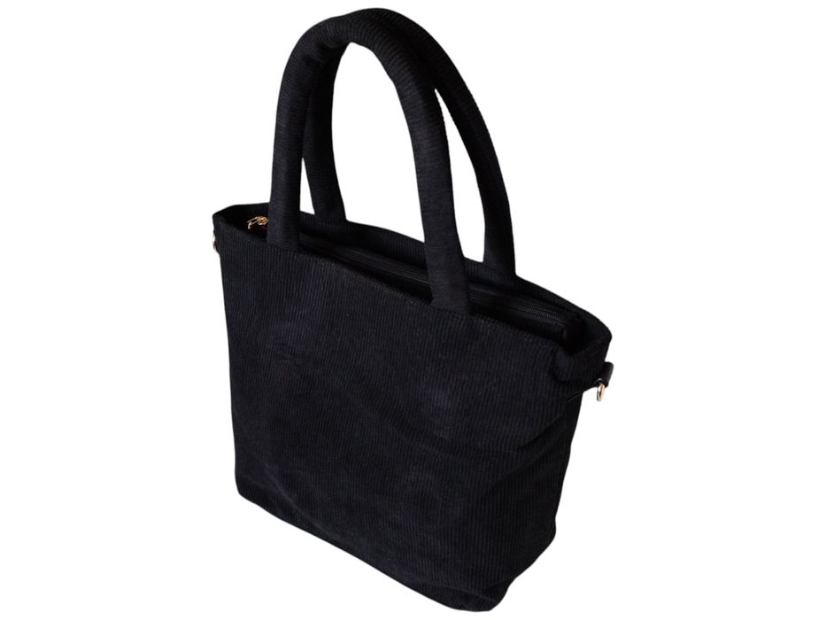 Sztruksowa Shopperka Damska Z Uchwytami Na Ramię Czarna + Pasek