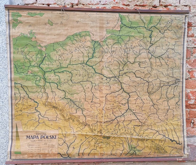 Zabytkowa mapa Polski szkolna ścienna 1948 rok