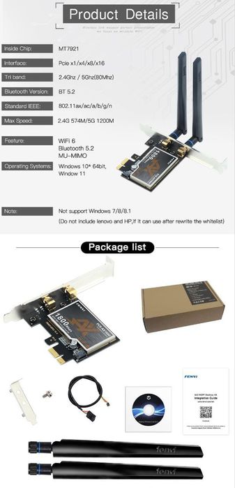 Бездротовий адаптер FENVI WiFi 6 PCI-E AX1800 WiFi 6 Bluetooth 5.2