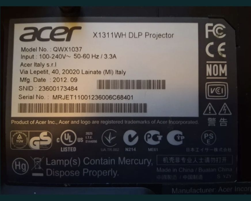 Projektor acer x1311wh dlp