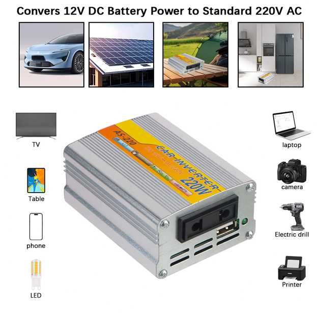 Przetwornica napięcia samochodowa - falownik - 12V/230V - 220W - 6szt