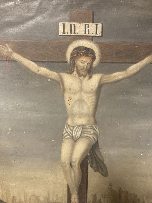 Obraz Sakralny Jezus na krzyżu 19 Wiek Olej Blacha