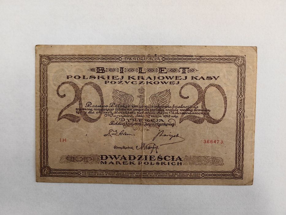 Banknot 20 Marek Polskich z 1919 r. Piękny!!