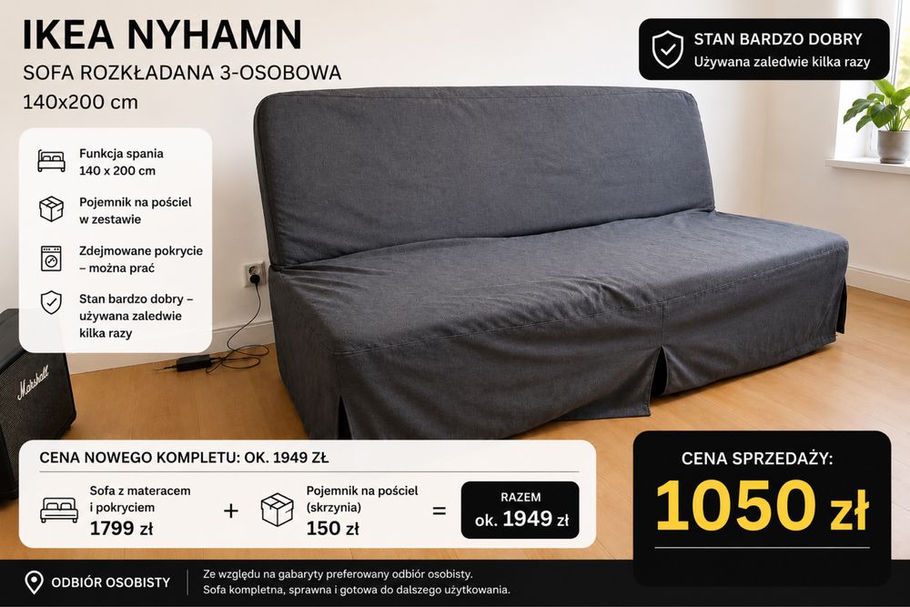 IKEA NYHAMN sofa rozkładana 3-os. 140x200 + pojemnik | bdb stan