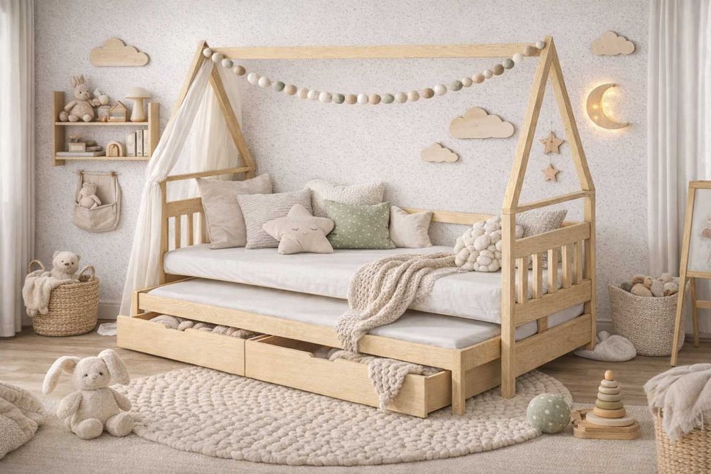 Łóżko Domek 2 osobowe z wysuwanym spaniem, materace 160x75 lub 180x75