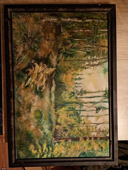Obraz olejny na plotnie stary sygnowany pejzaz las drewniana rama 30x60 cm