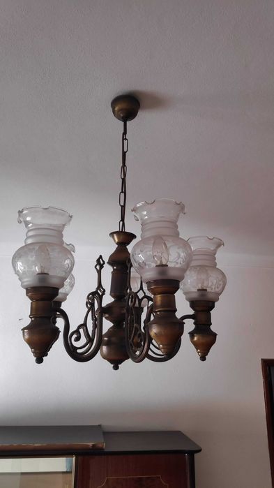 Candeeiro antigo latão / bronze e vidro - vintage