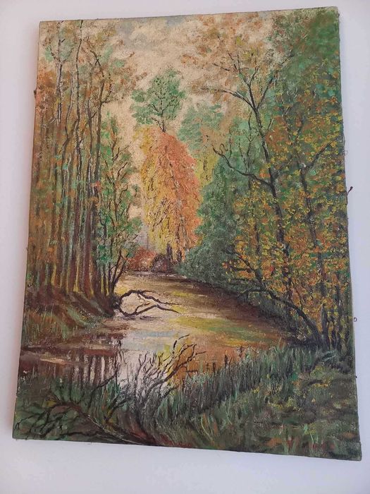 Piękny jesienny , stary obraz olejny. Widać rękę mistrza .