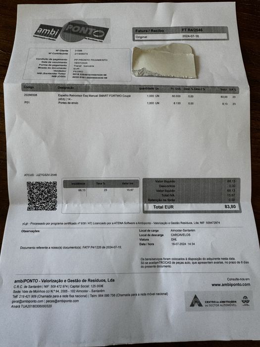 Retrovisor manual SMART