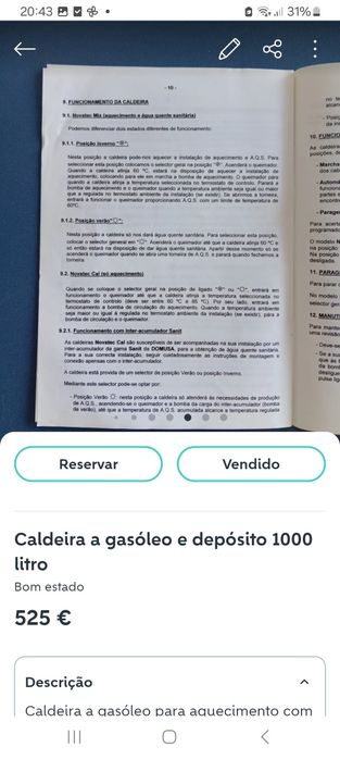 Caldeira a gasóleo e depósito de 1000 litros.
