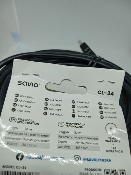 Kabel HDMI do HDMI 10 metrów, 4K firmy Savio CL-34 Nowy