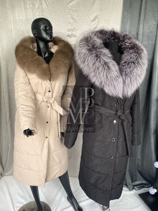 Женский пуховик, плащ с натуральным мехом песца, чернобурки, 42-54 рр
