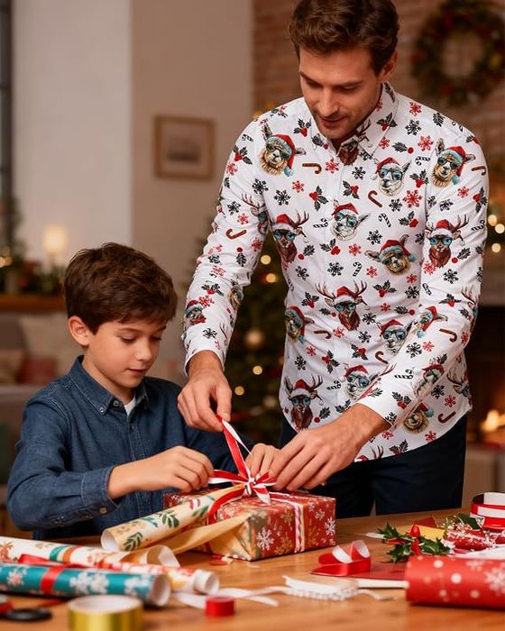 Męska koszula świąteczna - długi rękaw, slim fit - M, biała