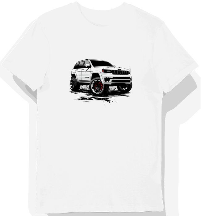 Koszulka męska biała z Jeepem Grand Cherokee w dynamicznym stylu XL