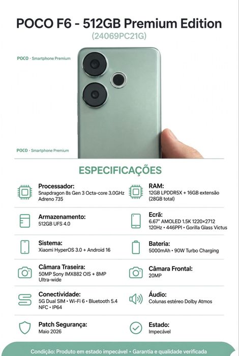 Telemovel POCO F6 5G – 12GB RAM / 512GB – Verde Menta