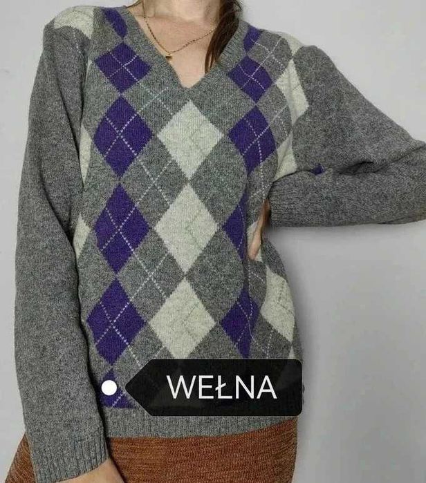 Sweter szary wełniany w romby montego woolmark 44 XXL zimowy wool
